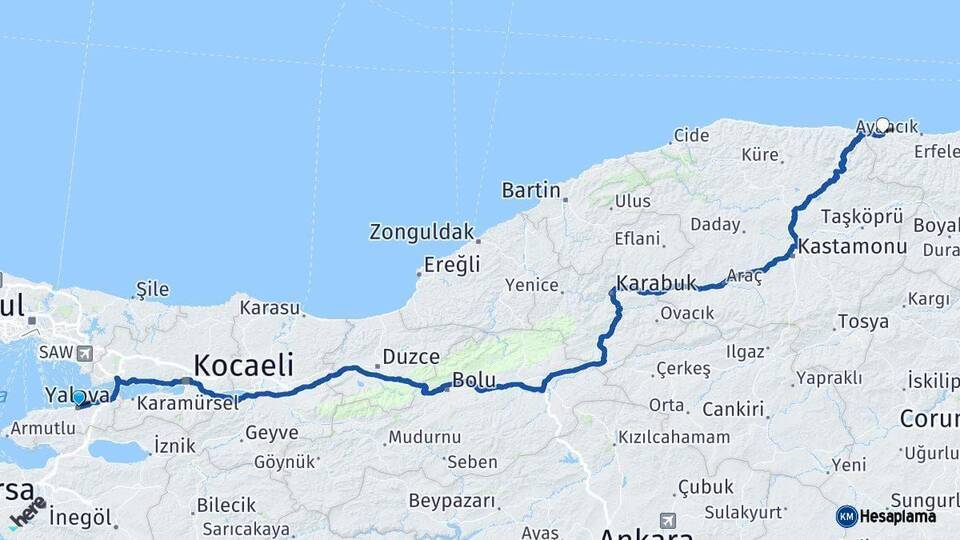 Yalova Türkeli Sinop Arası Kaç Km - Yol Haritası