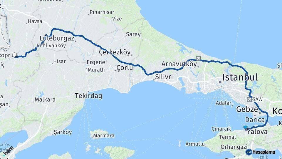 Yalova Uzunköprü Edirne Arası Kaç Km - Yol Haritası