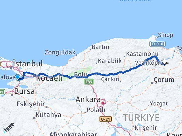 Yalova Vezirköprü Samsun Arası Kaç Km - Yol Haritası