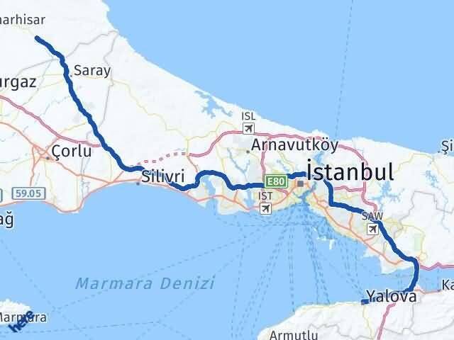Yalova Vize Kırklareli Arası Kaç Km - Yol Haritası