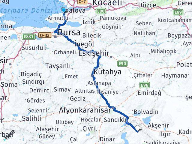Yalova Yalvaç Isparta Arası Kaç Km - Yol Haritası