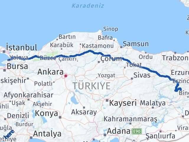 Yalova Yayladere Bingöl Arası Kaç Km - Yol Haritası