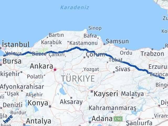 Yalova Yedisu Bingöl Arası Kaç Km - Yol Haritası