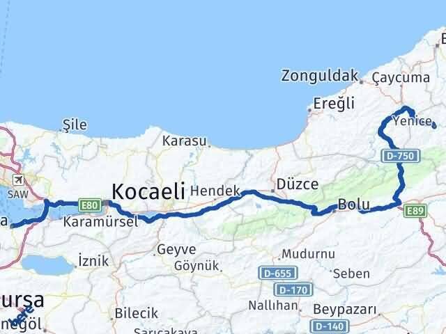 Yalova Yenice Karabük Arası Kaç Km - Yol Haritası