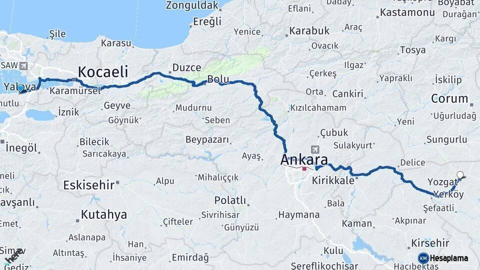 Yalova Yozgat Arası Kaç Km - Yol Haritası