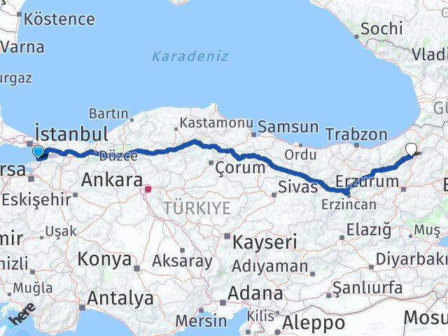 Yalova Yusufeli Artvin Arası Kaç Km - Yol Haritası