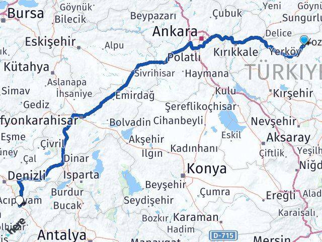 Yozgat Acıpayam Denizli Arası Kaç Km - Yol Haritası