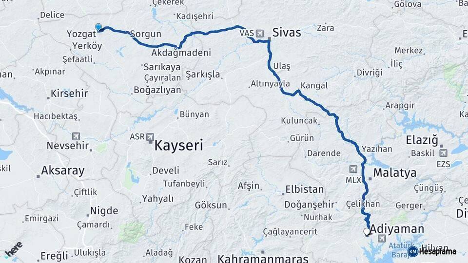 Yozgat Adıyaman Arası Kaç Km - Yol Haritası