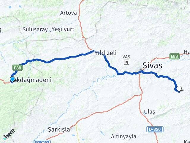 Yozgat Akdağmadeni Acıdere Sivas Arası Kaç Km - Yol Haritası