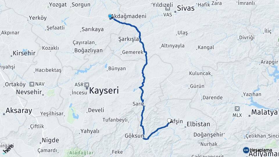 Yozgat Akdağmadeni Afşin Kahramanmaraş Arası Kaç Km - Yol Haritası