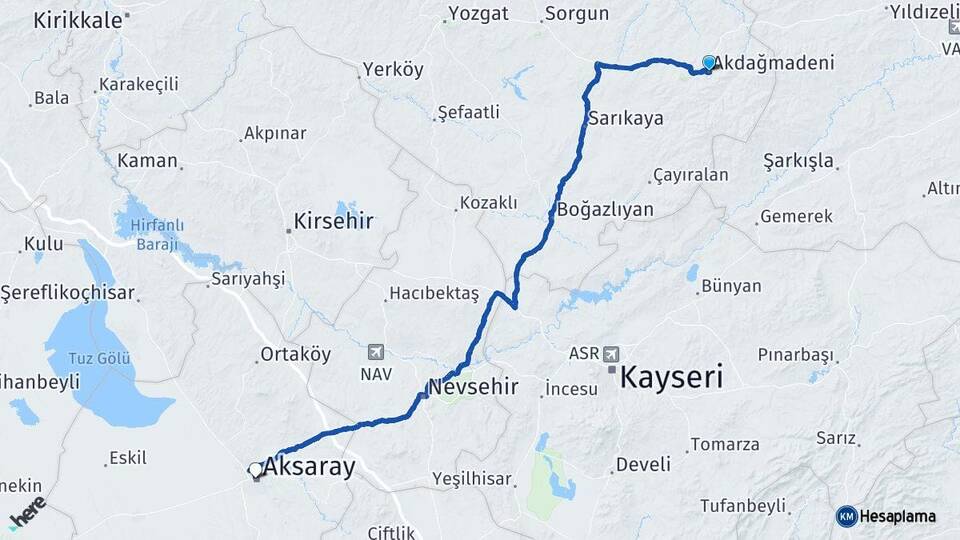 Yozgat Akdağmadeni Aksaray Arası Kaç Km - Yol Haritası
