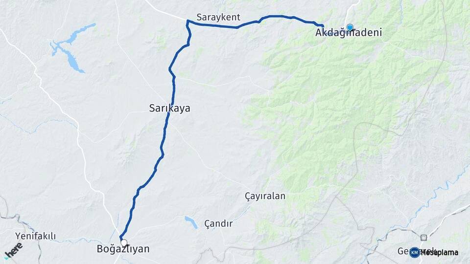 Yozgat Akdağmadeni Boğazlıyan Arası Kaç Km - Yol Haritası