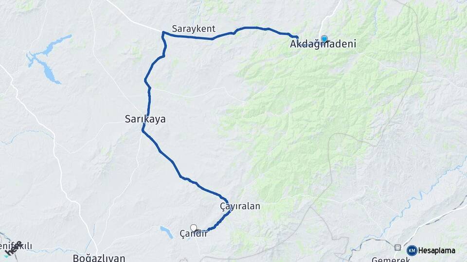 Yozgat Akdağmadeni Çandır Arası Kaç Km - Yol Haritası