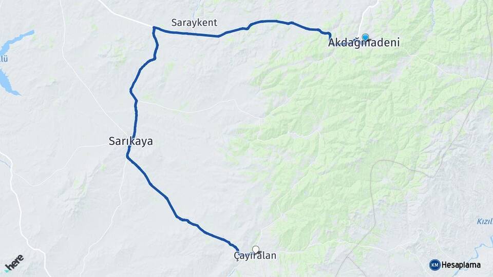 Yozgat Akdağmadeni Çayıralan Arası Kaç Km - Yol Haritası