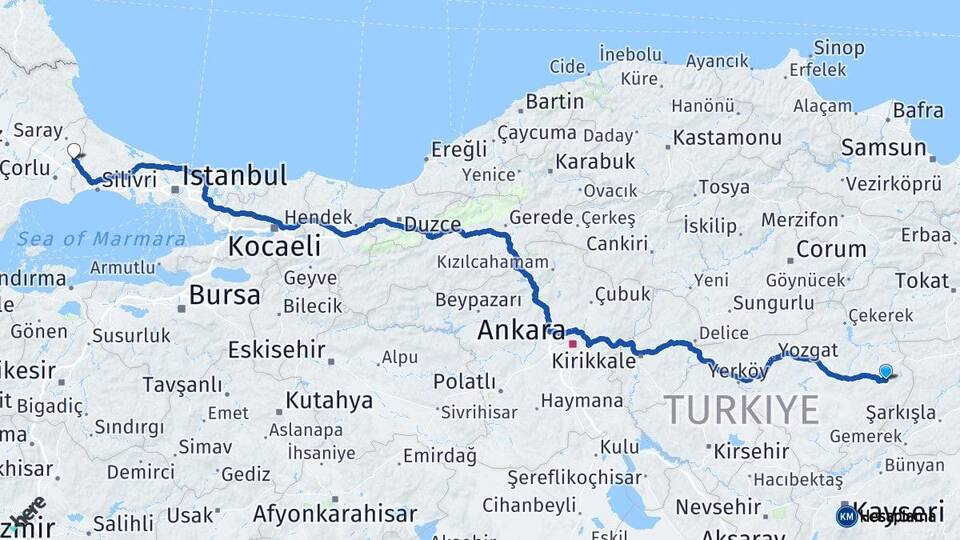 Yozgat Akdağmadeni Çerkezköy Tekirdağ Arası Kaç Km - Yol Haritası