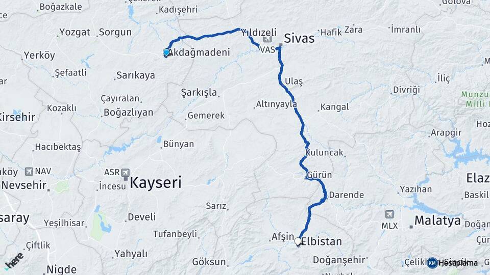 Yozgat Akdağmadeni Elbistan Kahramanmaraş Arası Kaç Km - Yol Haritası