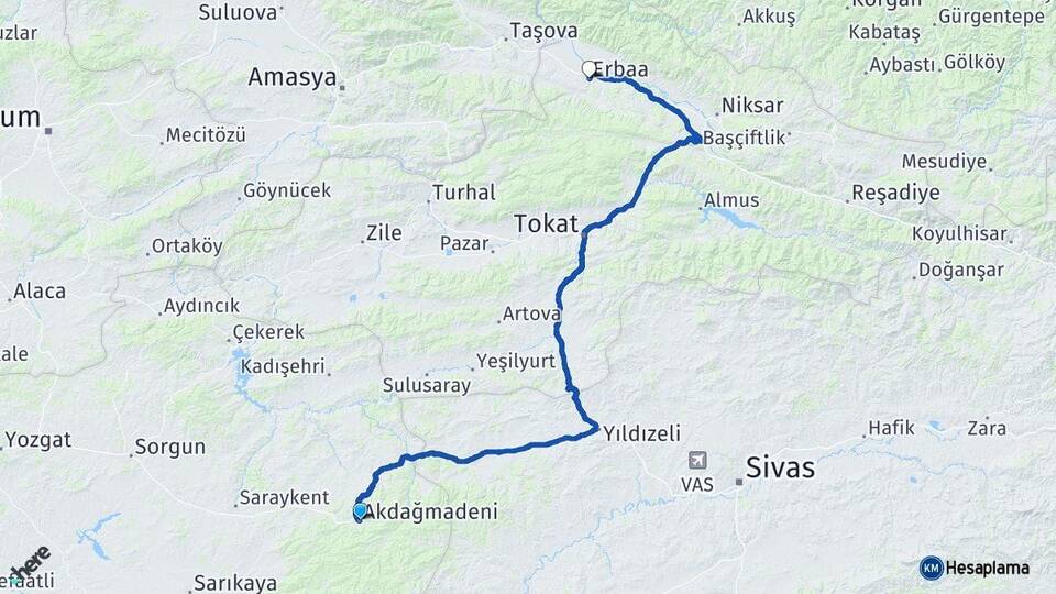 Yozgat Akdağmadeni Erbaa Tokat Arası Kaç Km - Yol Haritası