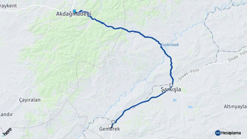 Yozgat Akdağmadeni Gemerek Sivas Arası Kaç Km - Yol Haritası