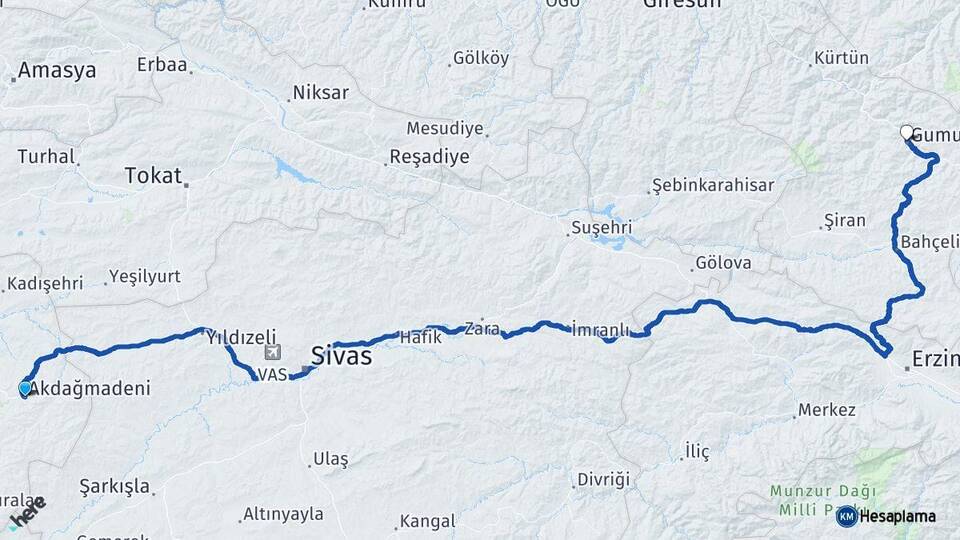 Yozgat Akdağmadeni Gümüşhane Arası Kaç Km - Yol Haritası