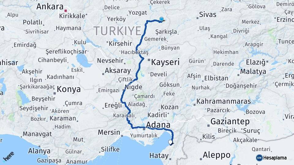 Yozgat Akdağmadeni İskenderun Hatay Arası Kaç Km - Yol Haritası