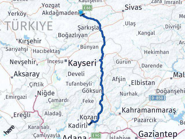 Yozgat Akdağmadeni Kadirli Osmaniye Arası Kaç Km - Yol Haritası