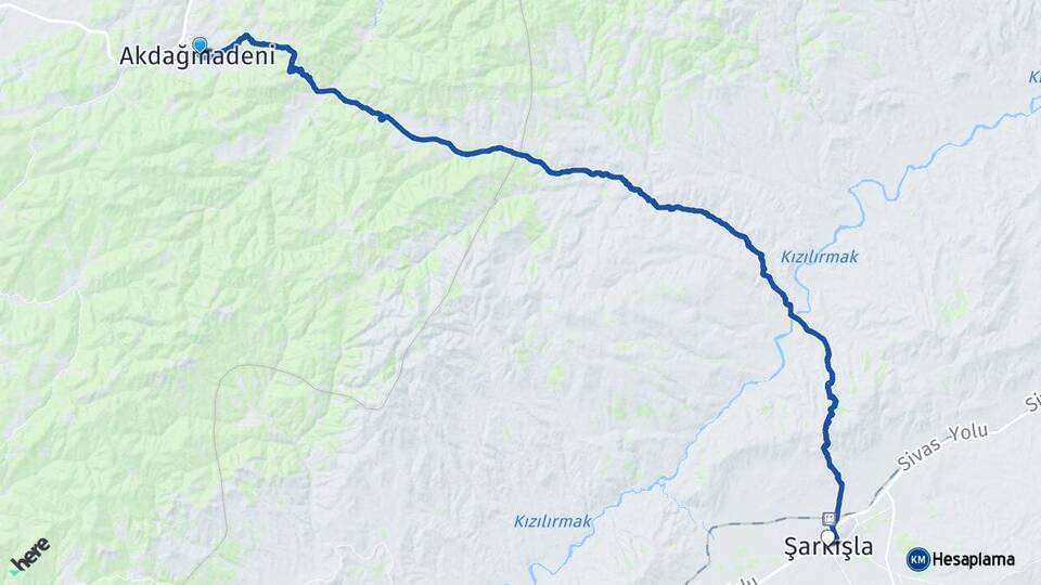 Yozgat Akdağmadeni Şarkışla Sivas Arası Kaç Km - Yol Haritası