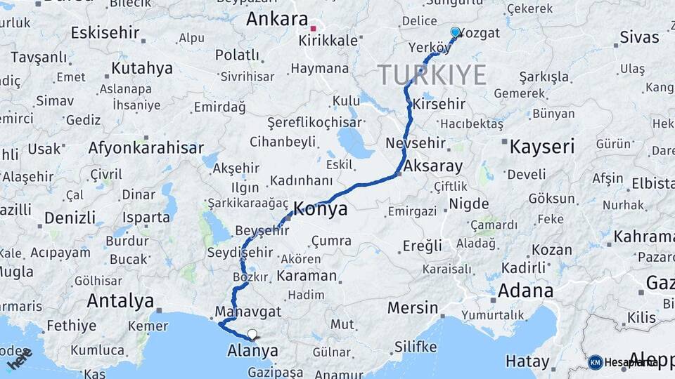 Yozgat Alanya Antalya Arası Kaç Km - Yol Haritası