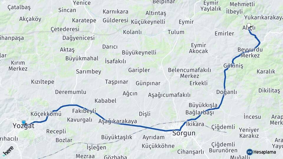 Yozgat Alıçlı Çekerek Arası Kaç Km - Yol Haritası