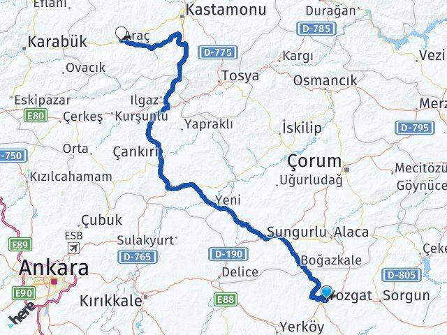 Yozgat Araç Kastamonu Arası Kaç Km - Yol Haritası