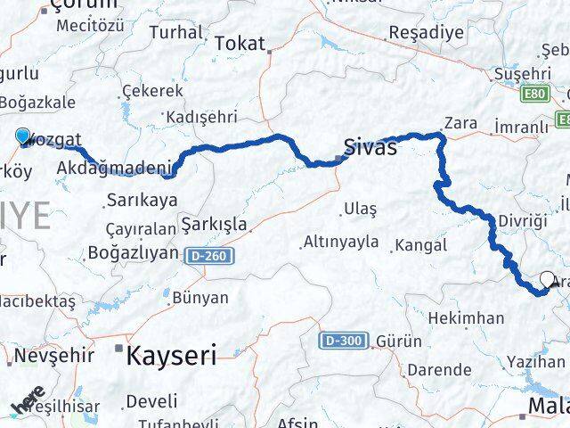 Yozgat Arapgir Malatya Arası Kaç Km - Yol Haritası