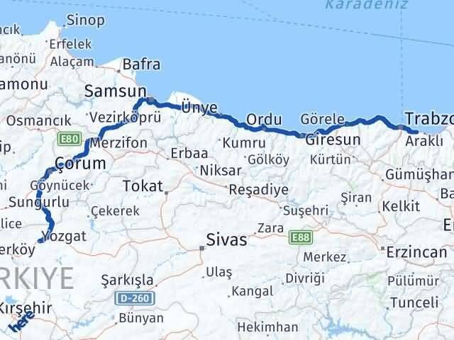 Yozgat Arsin Trabzon Arası Kaç Km - Yol Haritası