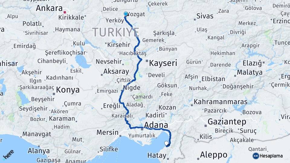 Yozgat Arsuz Hatay Arası Kaç Km - Yol Haritası