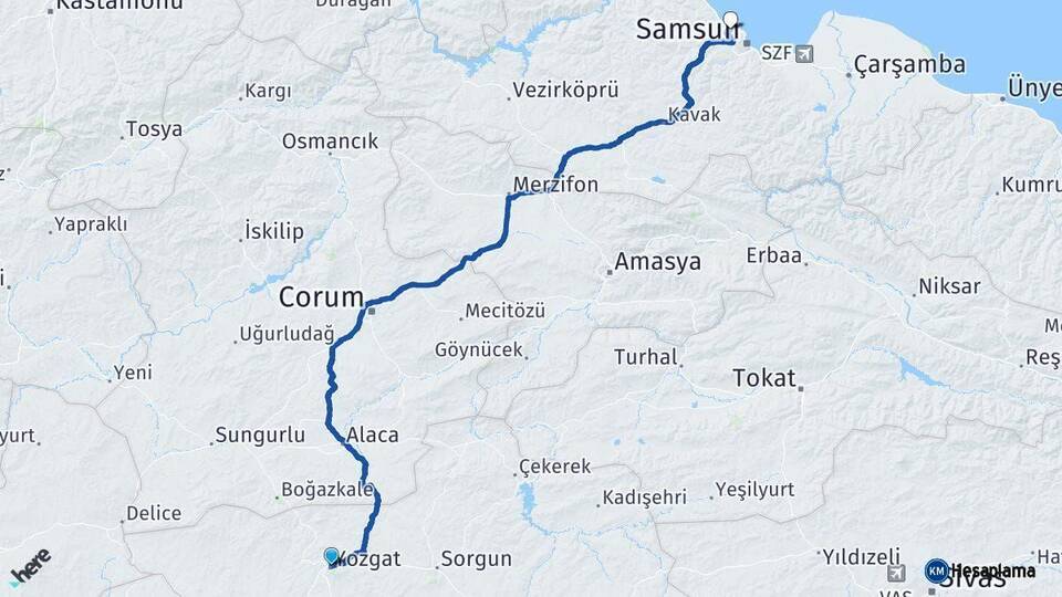 Yozgat Atakum Samsun Arası Kaç Km - Yol Haritası