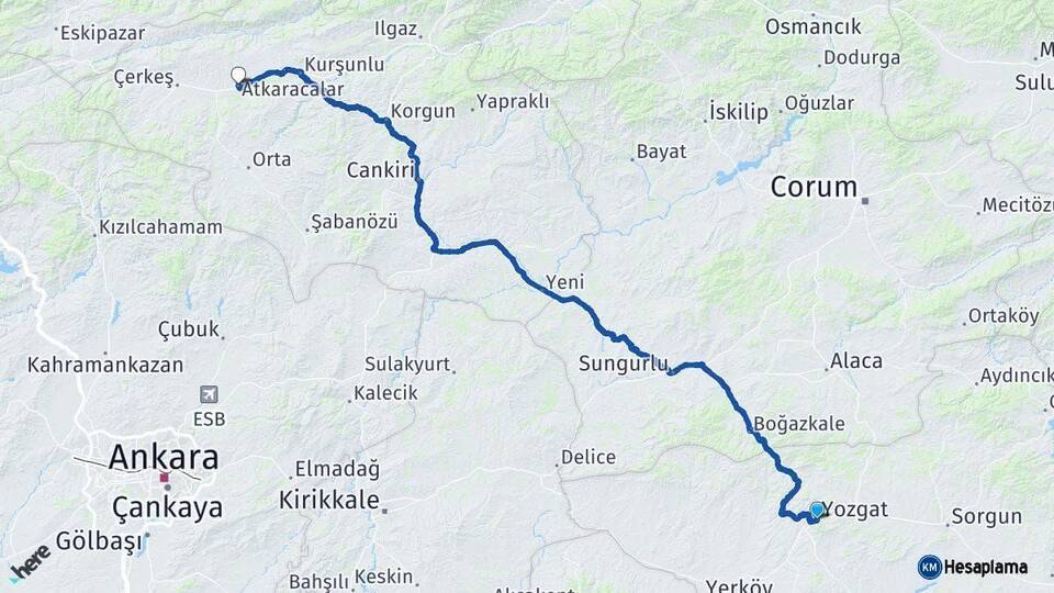 Yozgat Atkaracalar Çankırı Arası Kaç Km - Yol Haritası