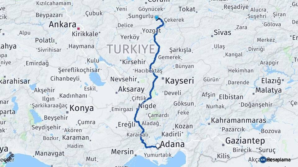 Yozgat Aydıncık Adana Arası Kaç Km - Yol Haritası