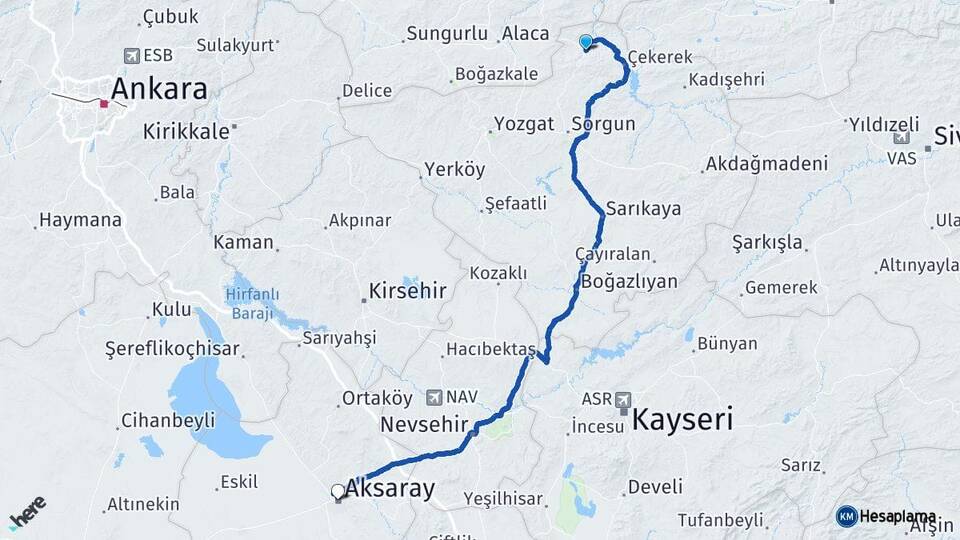 Yozgat Aydıncık Aksaray Arası Kaç Km - Yol Haritası