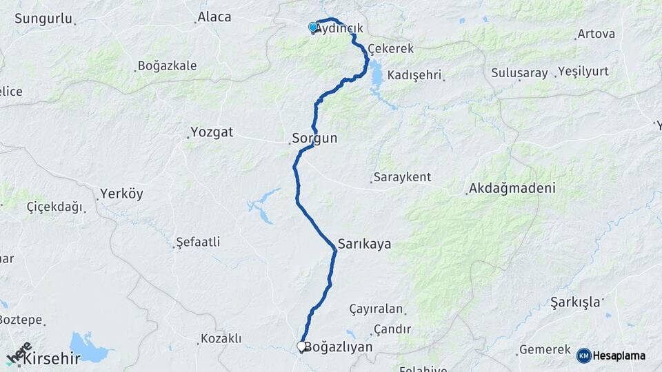Yozgat Aydıncık Boğazlıyan Arası Kaç Km - Yol Haritası