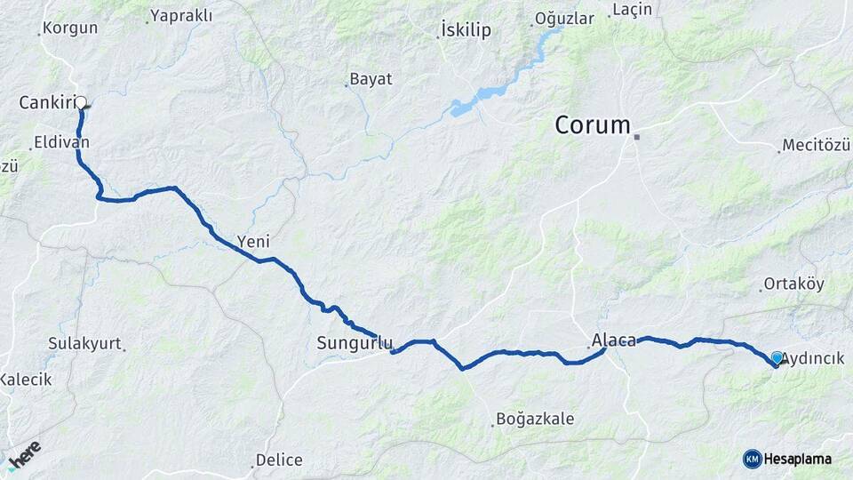Yozgat Aydıncık Çankırı Arası Kaç Km - Yol Haritası