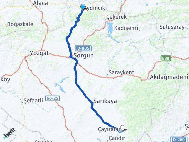 Yozgat Aydıncık Çayıralan Arası Kaç Km - Yol Haritası