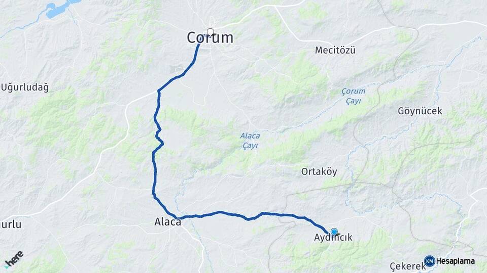 Yozgat Aydıncık Çorum Arası Kaç Km - Yol Haritası