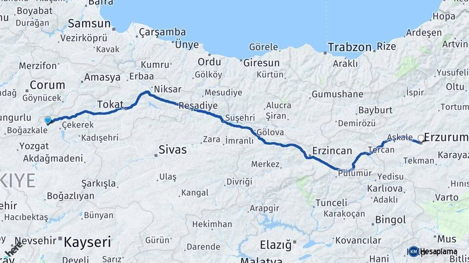 Yozgat Aydıncık Erzurum Arası Kaç Km - Yol Haritası
