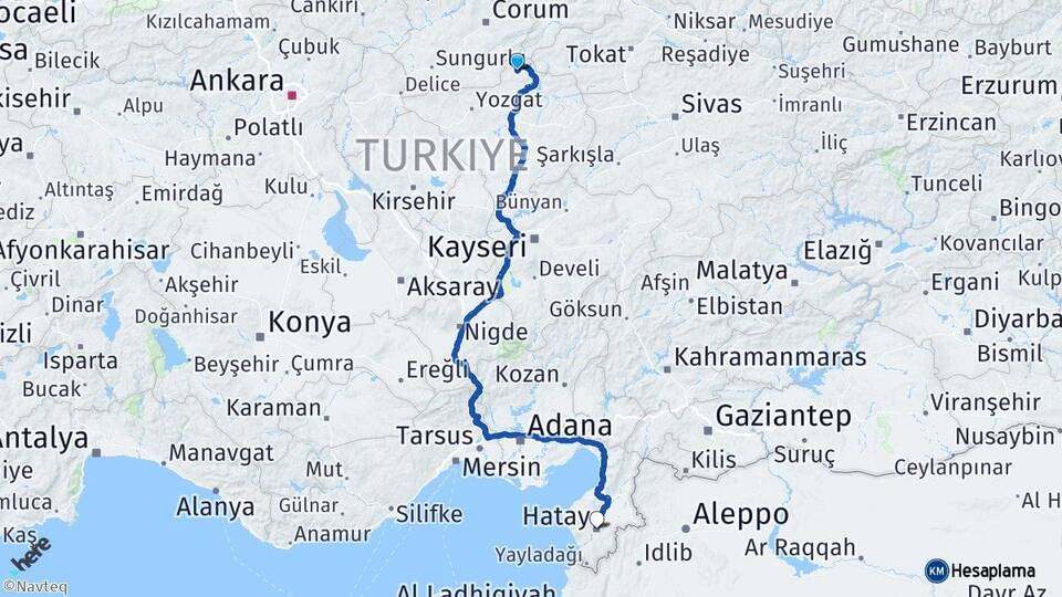Yozgat Aydıncık Hatay Arası Kaç Km - Yol Haritası