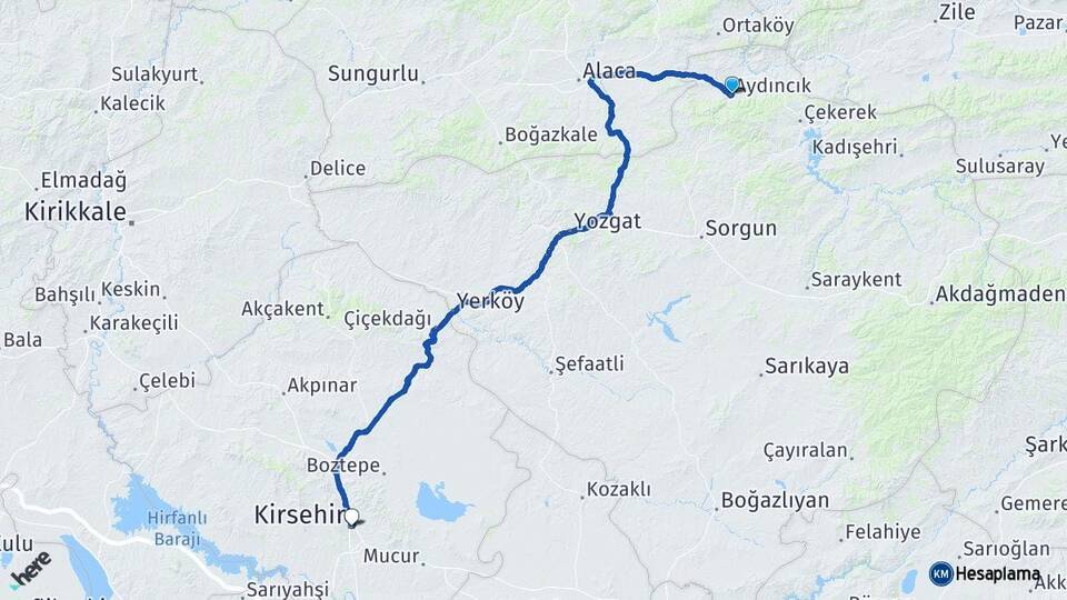 Yozgat Aydıncık Kırşehir Arası Kaç Km - Yol Haritası