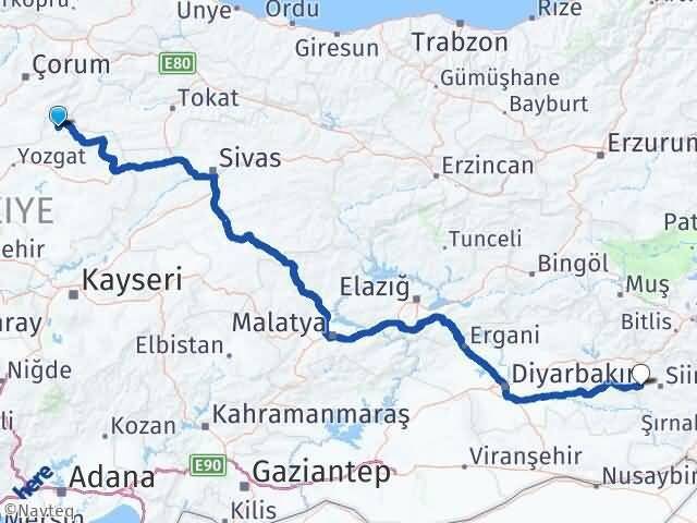 Yozgat Aydıncık Kurtalan Siirt Arası Kaç Km - Yol Haritası