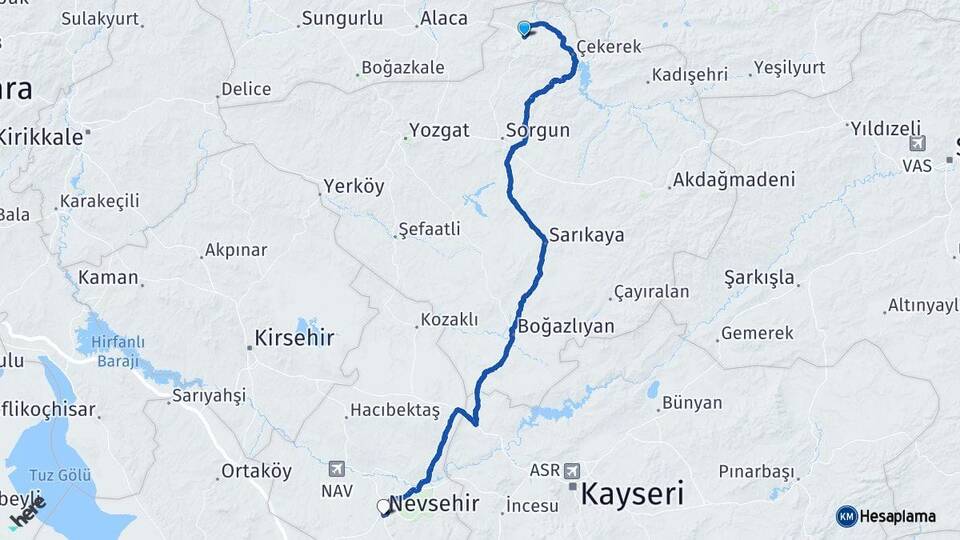 Yozgat Aydıncık Nevşehir Arası Kaç Km - Yol Haritası