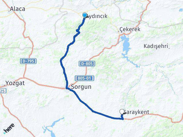 Yozgat Aydıncık Saraykent Arası Kaç Km - Yol Haritası