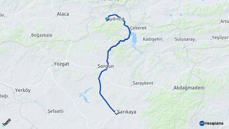 Yozgat Aydıncık Sarıkaya Arası Kaç Km - Yol Haritası