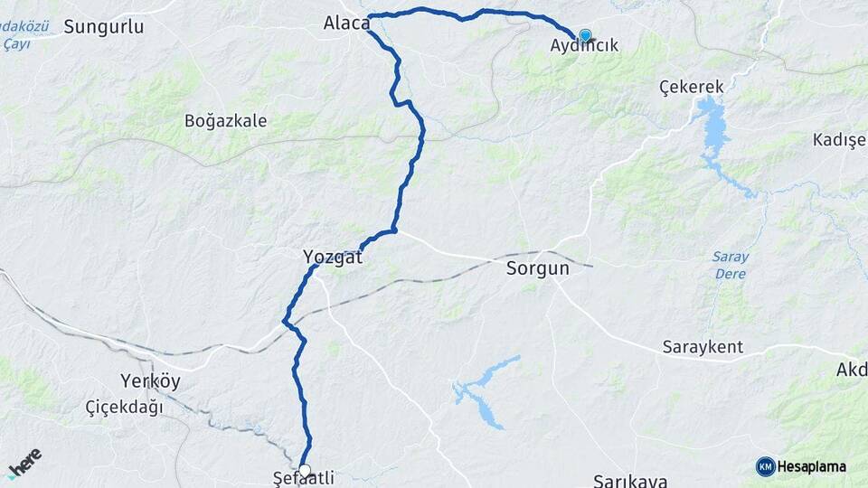 Yozgat Aydıncık Şefaatli Arası Kaç Km - Yol Haritası