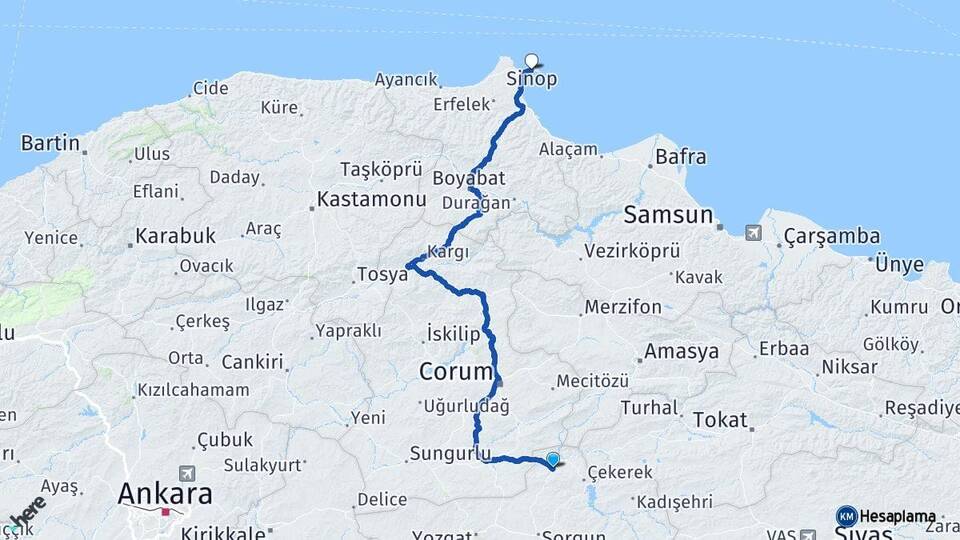 Yozgat Aydıncık Sinop Arası Kaç Km - Yol Haritası