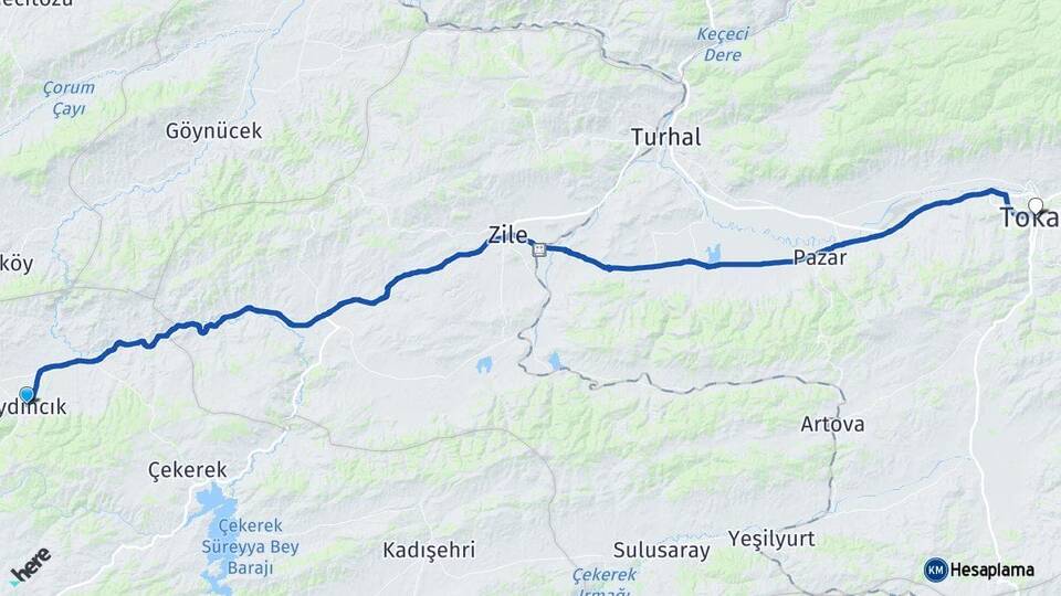 Yozgat Aydıncık Tokat Arası Kaç Km - Yol Haritası